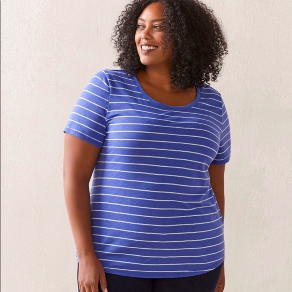 Plus Size 2X In Every Story Purple/White Striped Basic Scoop Neck Tshirt
